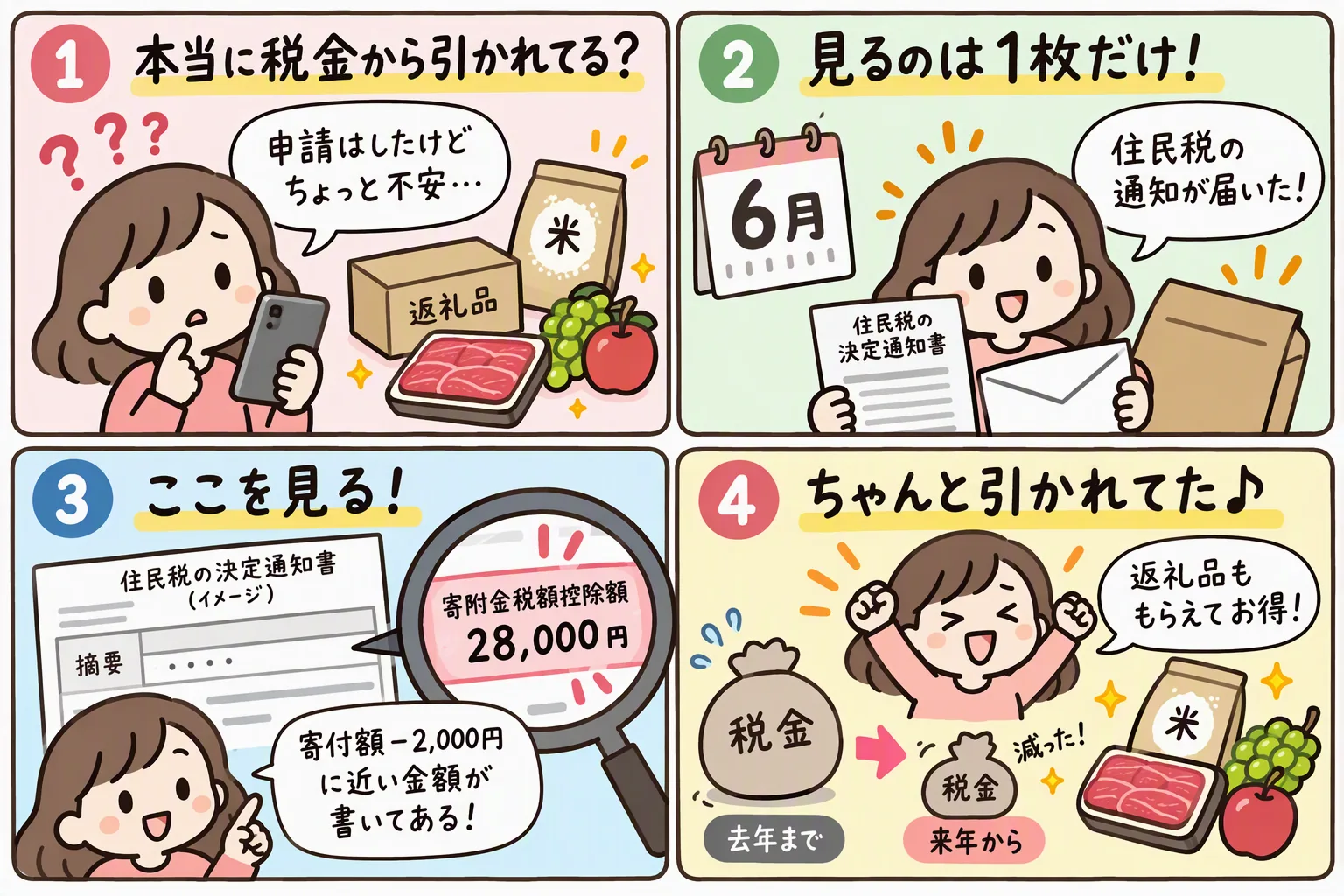 控除の確かめ方の流れ。1：申請はしたけど、本当に税金から引かれてるか不安。2：見るのは6月ごろに届く住民税の決定通知書の1枚だけ。3：摘要の欄の「寄附金税額控除額」を見て、寄付額−2,000円に近い金額が書いてあるか確かめる。4：ちゃんと引かれていて、来年からの税金が減った。